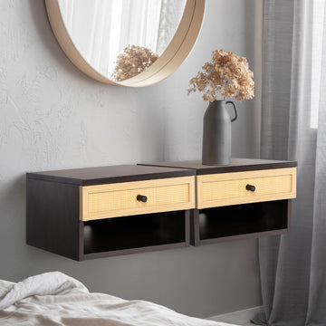 Celerie 15.71" Mid-Century Modern Floating Wall Mounted Nightstand with Soft-Close Rattan Drawer and Cable Hole - JONATHAN Y